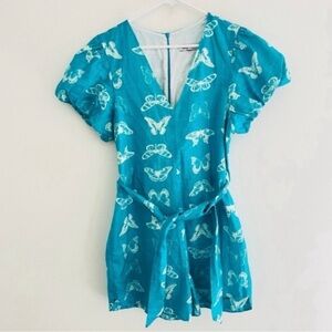 Lanca Perfume Turquoise Butterfly Balloon Sleeve Cotton Linen Romper Medium